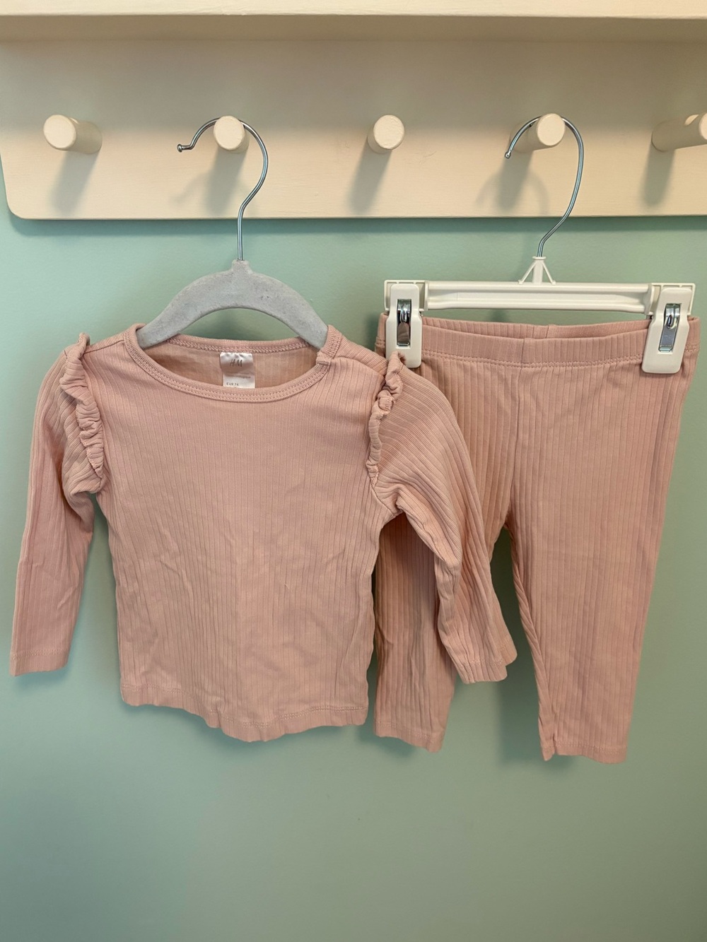 H&M Girls Ribbed Ruffle Shoulder Set - Light Pink